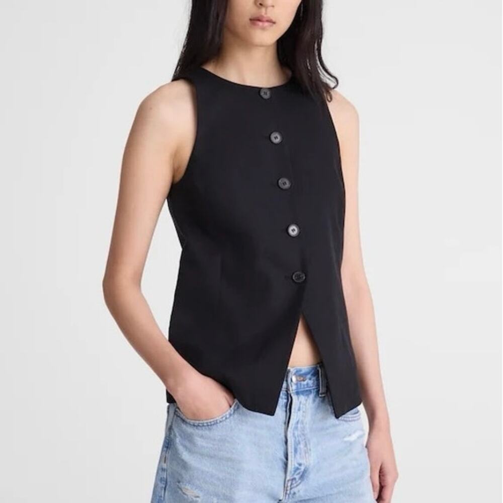 NWT Madewell Crewneck Cutaway Vest Drapey Twill Linen Blend True Black Size 2